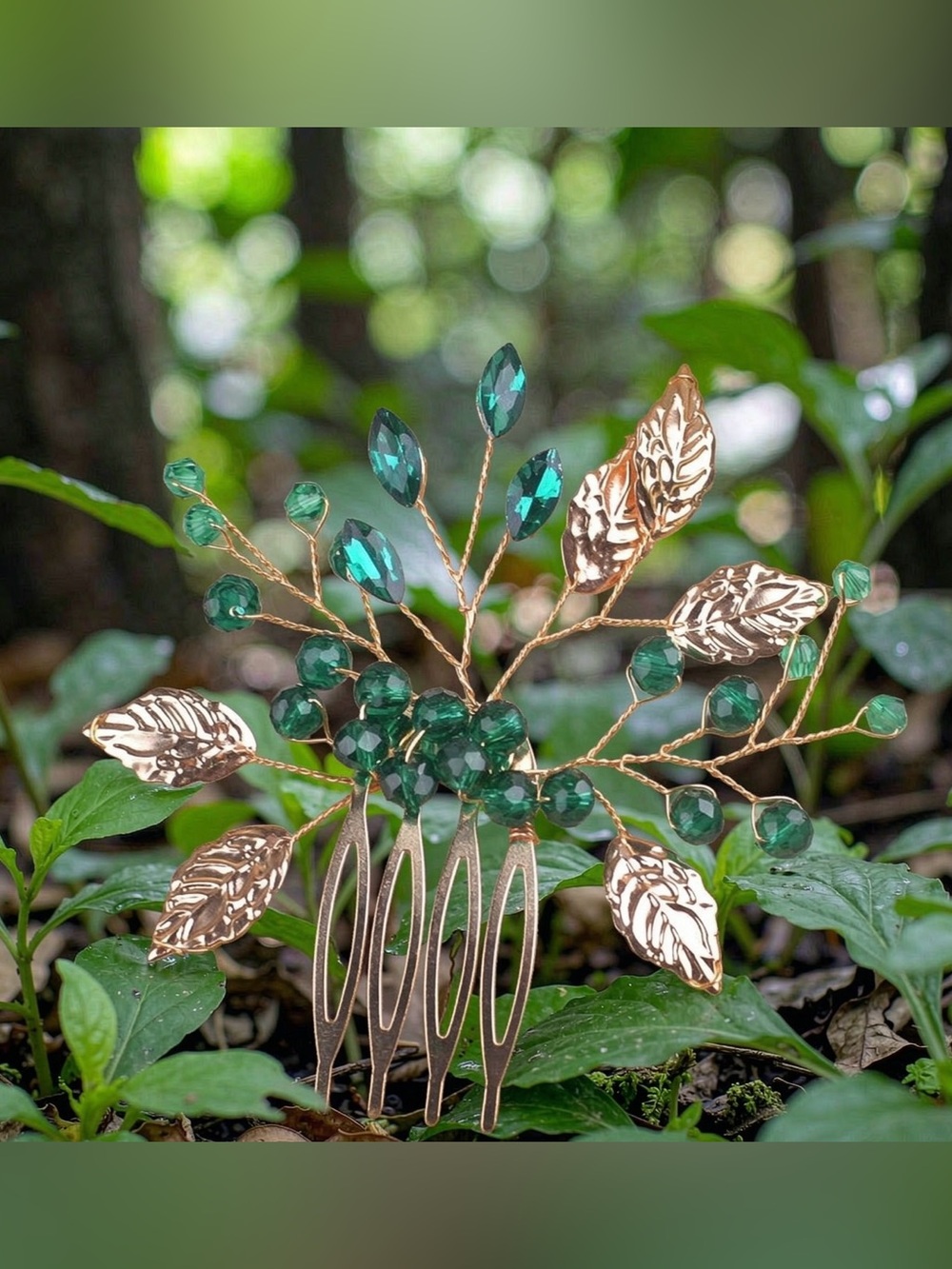 Anthropologie Gold Leaf Hair Comb with Emerald Green Crystals
